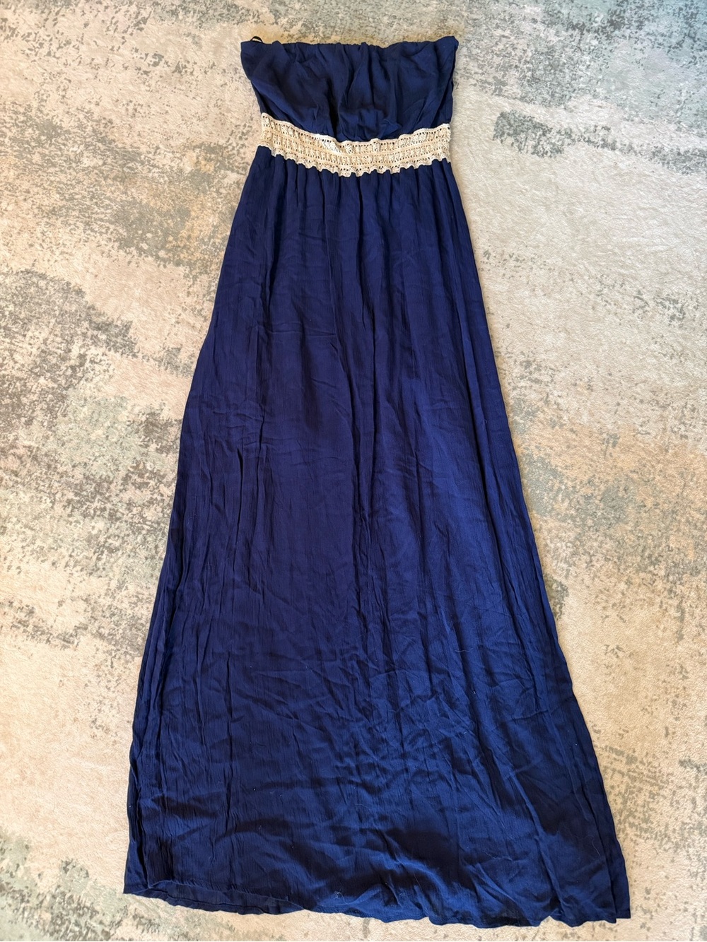 Cantata Strapless Cottagecore Navy Maxi Dress with Cream Crochet Waist, Size M